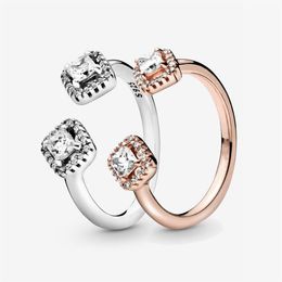 100% 925 Sterling Zilveren Vierkante Sparkle Open Ring Voor Vrouwen Bruiloft Verlovingsringen Mode-sieraden Accessories227n