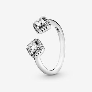100% 925 Sterling Silver Square Sparkle Open Ring Pour Pandora Femmes De Mariage Bagues De Fiançailles De Mode Bijoux Accessoires