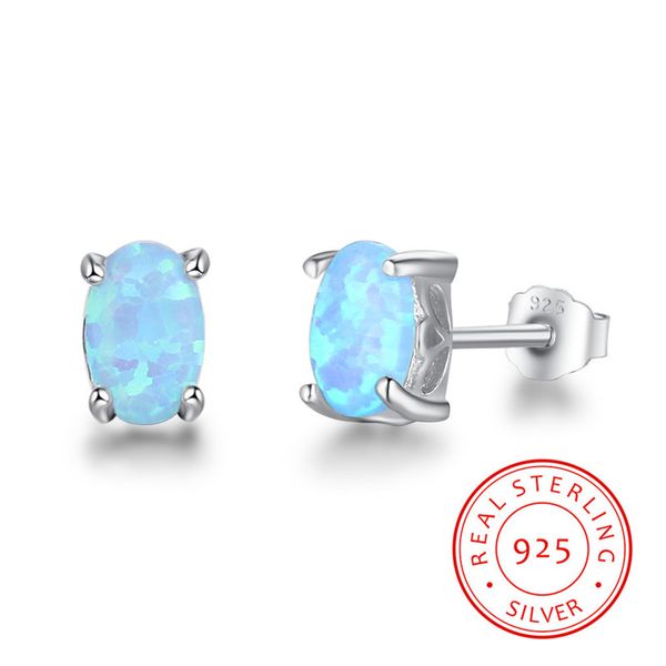 100% 925 boucles d'oreilles en argent Sterling nouvelle mode 4mm ovale bleu opale de feu boucles d'oreilles bijoux fins pour les femmes