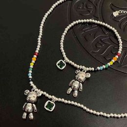 100% 925 Sterling Silver Sweet Little Bear Animal Coloré Rainbow Bead Chain Ladies Jewelry Set Collier Bracelet Cadeau D'anniversaire