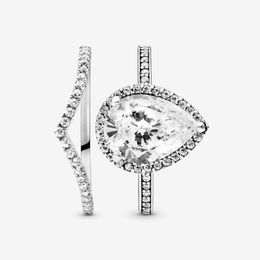 100% 925 Sterling Silver Teardrop Halo et Wischbone Stacking Ring Set for Women Wedding Bings Bijoux Fashion Accessoires 251F