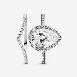 100% 925 Sterling Silver Teardrop Halo et Wisch Bone Stacking Ring Set for Women Wedding Bings Bijoux de la mode Accessoires 3152