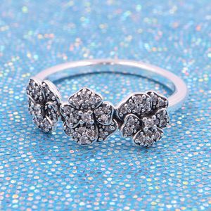 100% 925 Sterling Silver Triple Pansy Bloemring met heldere CZ Fit Pandora Jewelry Betrokkenheid bruiloftliefhebbers Fashion Ring