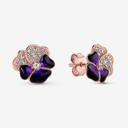 100% Authentic 925 Sterling Silver Deep Purple Pansy Flower Stud Earrings Fashion Earring Jewelry Accessories For Women Gift