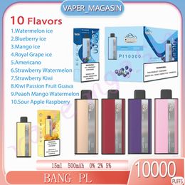 100% original BANG PL 10000 puff cigarrillo electrónico 15 ml Cartucho precargado 10 sabores 0% 2% 3% 5% concentración 10000 Puffs 500mAh batería recargable Pluma vape desechable