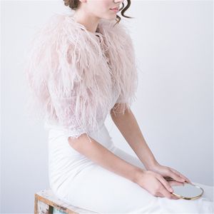 100% Blush Pink Ostrich Feather Bolero Chaqueta de piel de bolero para Lady Women Vestido de noche Vestido de novia Dama de novia Piel envolver chalas 201103