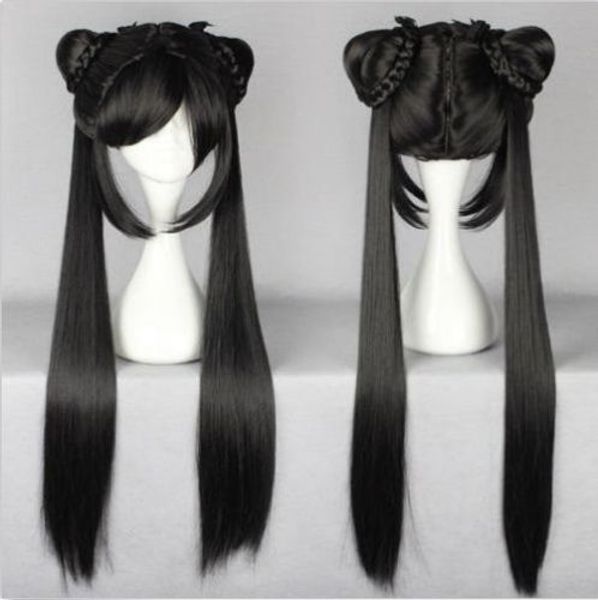 100% NOUVELLE NOUVELLE HAUTE QUALITÉ MODE PHOTOS FULLES DE LA DACE WIGSLONG NOIRE DROIT DYNDY GIRL GIRL LOLITA WIG AVEC DEUX POONYAILLES DE DESIGN