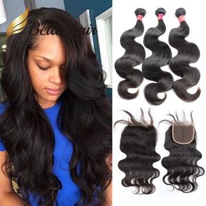 Body Wave Human Hair 3 Bundels met sluiting Peruaans haar Weefbundel en sluit 4 stcs/lot Juliechina