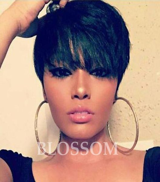 100% cheveux humains brésiliens noirs sans colle perruque humaine aucune dentelle avant perruque Chic coupe courte perruques coiffure dentelle perruque pour les femmes noires9580352