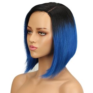 100% brésilien droite Remy cheveux perruques de cheveux humains pour les femmes noires perruques de dentelle avec des cheveux de bébé T1B bleu couleur soie Yaki perruque
