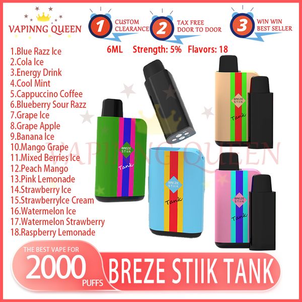 100% Breze Stiik Tank 2000 Puff Jetable E Cigarette Vape Pen avec E-Juice Batterie rechargeable 650mAh Capacité 6 ml 2K Puffs 18 saveurs différentes