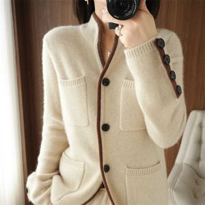 100% cachemira / suéter de lana otoño/invierno de las mujeres stand-up collar cardigan casual tops de punto coreano más tamaño chaqueta femenina 211011