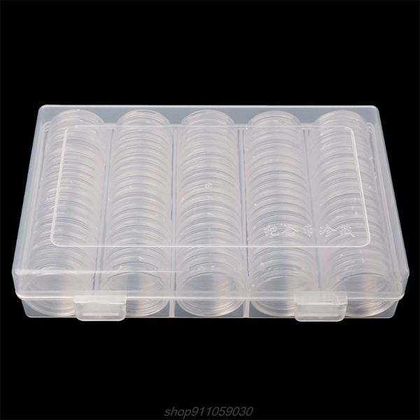 100 Cápsulas portamonedas Caja redonda de 27 mm Organizador de almacenamiento de coleccionables de plástico M19 21 Dropship 211112