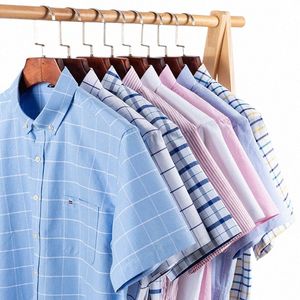 100% Cott Ademende Mannen Oxford Korte Mouw Zomer Plaid Shirts Gestreepte Mannelijke Kleding Busin Regular Fit Oversized G1VC #