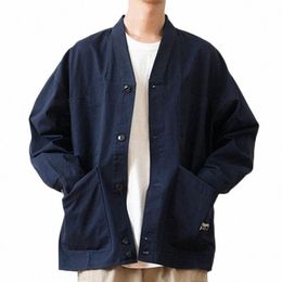 100% Cott hommes multi-poches corvée veste cargo style japonais col rabattu col en v bleu marine décontracté manteau pour hommes printemps automne D5mY #