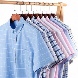 100% Cott Mannen Oxford Shirt Korte Mouw Zomer Plaid Gestreepte Mannelijke Kleding Busin Regular Fit Dr Shirt Oversized 7XL 6XL D49H #