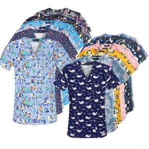 100% Cott Printing Verpleegkundige Medische Operatiekamer Arts Verpleging Uniform Reiniging Beschermende Kleding Tops Scrubs Korte mouwen e3W9#