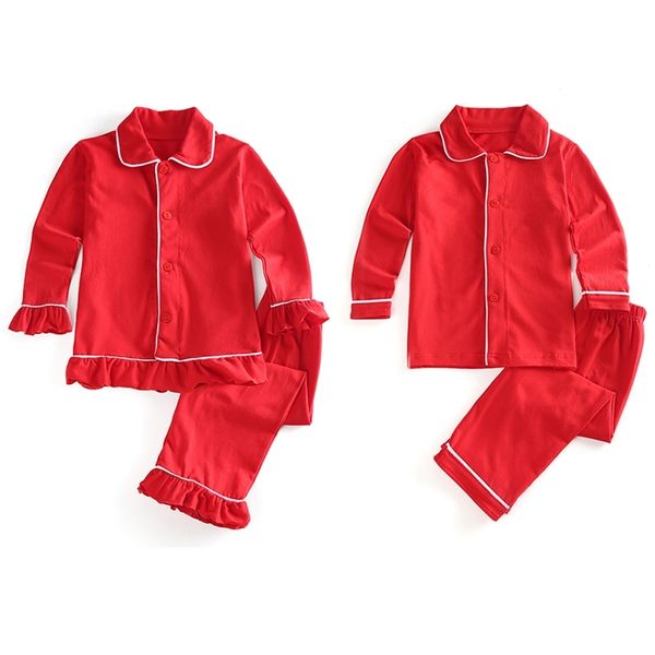 100% coton 2 pièces bouton up filles garçons vêtements de nuit pyjamas frères et soeurs enfants solide rouge noël pyjamas ensemble 210903