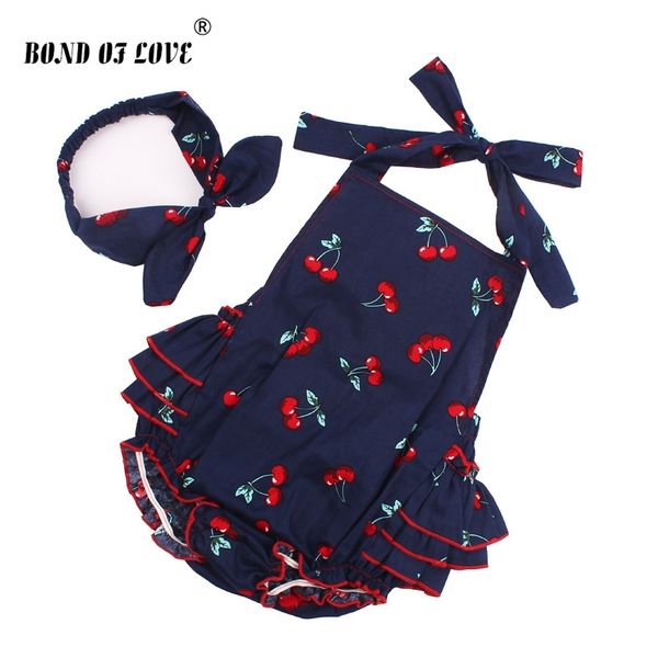 100% coton bébé fille barboteuses bandeau ensemble sans manches enfant en bas âge à volants motif cerise barboteuse photographie accessoires vêtements YC053 210317