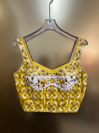 100% coton Camisole Sexy Femmes Place Holiday Yellow Porcelaine Flower Print Spaghetti STRAP OPROPOSS DE STREET HAUT
