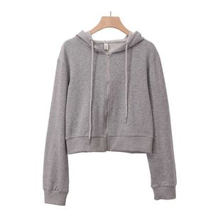 100% katoen mode vrouwen sweatshirt solide volledige rits lange mouw gewas hoodie vrouwelijke trui jas M30638 210526