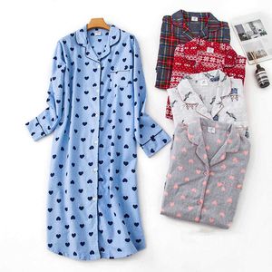 100% Cotton Flannel Women Long Nightdress Autumn Heart Printed Sleeve Sleepwear Female Winter Ladies Nightwear 210924