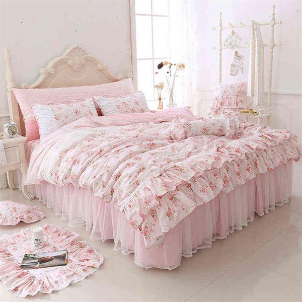 100% coton imprimé floral princesse ensemble de literie double roi reine taille rose filles dentelle volants housse de couette couvre-lit jupe ensemble T2278B