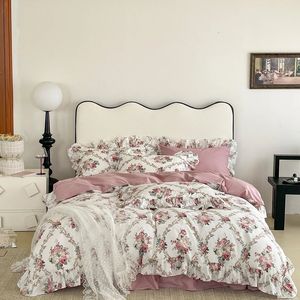 100% katoen Franse stijl Vintage Rose kanten ruches beddengoed set bloemen dekbedovertrek effen kleur bedrok sprei kussenslopen 240112