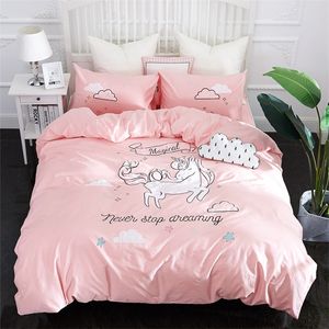 100% katoen Kids Meisjes Roze Twin Queen Unicorn Beddengoed Set King Size Bed Set Dekbedovertrek Vlak Lakenset Set Bedlinnen 201021