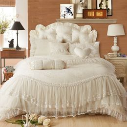 100% katoen kant beddengoed set koning queen twin bed set prinses koreaanse meisjes wit roze bed rok kussensloop bruiloft beddengoed T200706