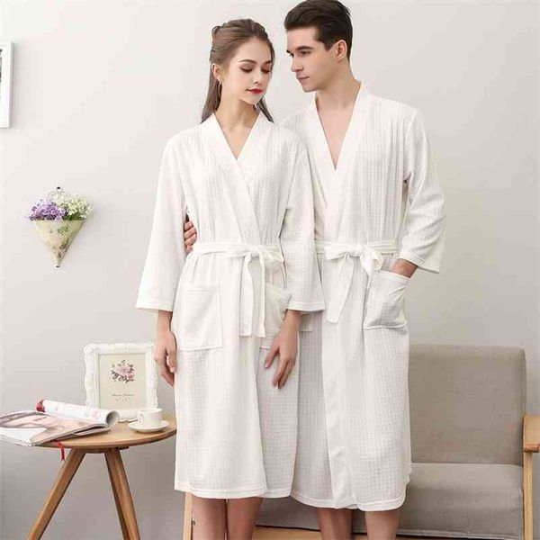 100% Coton Long Épais Absorbant Terry Peignoir Kimono Hommes Léger Gaufre Serviette Peignoir Plus Vêtements De Nuit Femmes Robe De Chambre 210901