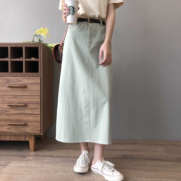 100% algodón falda de mezclilla suelta mujer primavera / verano coreano de cintura alta a-line tenedor abierto nalgas 9563 210607