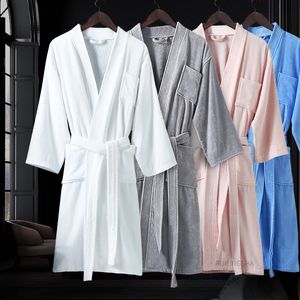 100% coton hommes sucer l'eau longue Terry peignoirs de bain grande taille kimono gaufre peignoir el serviette robes de chambre femmes spa vêtements de nuit 240104