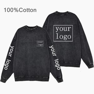 100% coton hommes vêtements personnalisés col rond pull vintage noir acide lavage sweats à capuche bricolage / texte imprimé sweats Y2K vêtements 240131