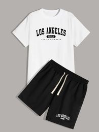100% coton hommes Summer Casual Los Angeles Imprimé en vrac taille ronde rond à manches courtes tshirtshorts set 240524