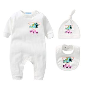 100% coton Nouveau-né Enfants Barboteuses Chapeau Ensembles Bébé Garçons Filles Vêtements De Marque Imprimer Combinaison Manches Courtes Combinaisons Chapeaux Bavoirs 3 Pièces Ensemble CYD23102702