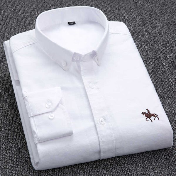 Oxford-Hemd aus 100 % Baumwolle, langärmelig, besticktes Pferd, lässig, ohne Tasche, solides gelbes Hemd für Herren, Übergröße 5XL6XL 210609