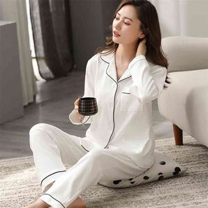 100% coton pyjamas pour femmes PJ manches longues Pijama Mujer Invierno boutonné vêtements de nuit d'hiver ensemble pyjama blanc 210830