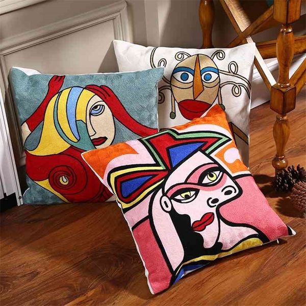 100% coton Picasso brodé housse de coussin canapé taie d'oreiller couverture pour chaise de voiture housse de coussin 45cmx45cm sans farce Homedecor 210401