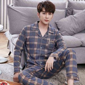 100% Coton Pijama pour Hommes Plaid Automne Hiver Vêtements De Nuit Pyjamas Pyjamas Ensemble 3XL Casual Rayé Mâle Homewear Vêtements À La Maison 211111