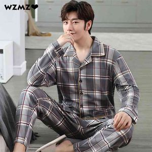 100% katoen pijama voor mannen geruite herfst winter nachtkleding pyjama pyjama set 3xl casual gestreepte mannelijke homewear home kleding 210812