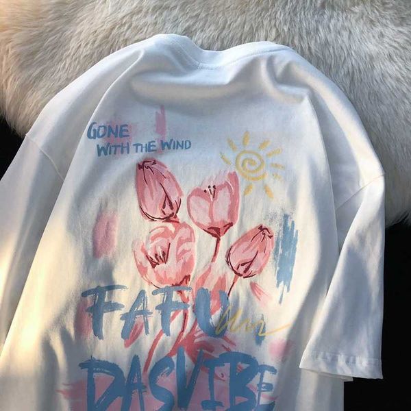 100% coton rose tulipe fleur peinture à l'huile Vintage t-shirts Kawaii femmes filles haute rue dames hauts été surdimensionné