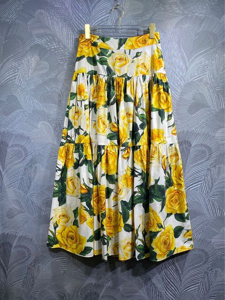 100% de algodón Spring Summer Women Fashion Yellow Rose Flower Vacaciones de fiesta Medio Vestido High Street Reta informal