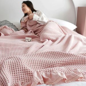 100% coton doux lit Plaid maison japonaise tricoté couverture maïs Grain gaufre en relief été volants chaud Plaid jeter couvre-lit 240307