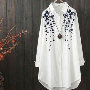 100% coton printemps chemise à manches longues chemisier femmes hauts amples broderie de fleurs plus taille chemises blanches décontractées D201 210512