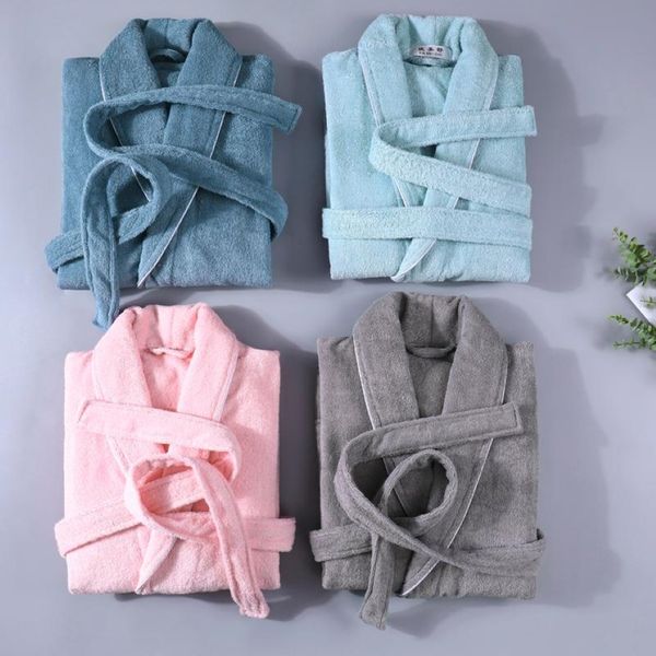 100% coton Terry Bathrobe Hommes Femmes Solide serviette de serviette Solide Long Bath Robe Kimono Femme Robe de chambre de chambre d'honneur Lovers Brides