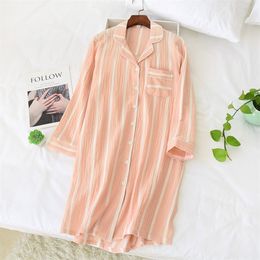 100% katoenen dunne nachtdress vrouwelijke zomer gestreepte longsleved Koreaanse losse comfortabele casual vrouwen jurken camisones para dormir t200429