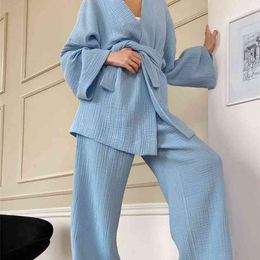 100% katoenen dames nachtjapon gewaad pyjama sets flare nachthemd broek pakken drop mouwen set vrouw 2 stuks badjas voor vrouwen 210901