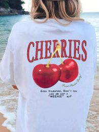 Camiseta 100% de algodón Camiseta Roja Cerezas impresas Tees Summer Loose Tops Tops Street Holiday Femenina de manga corta 240410