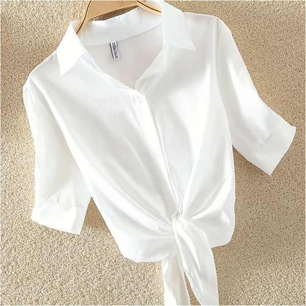 100 coton femmes Blouse chemise blanc été Blouses chemises vacances lâche manches courtes décontracté hauts et Blusas 240102